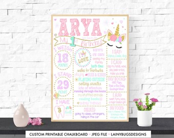May include: A pink and gold printable chalkboard sign for a first birthday. The sign features a unicorn with a floral crown and the name "Arya". It includes details about the child's age, weight, height, and favourite activities.