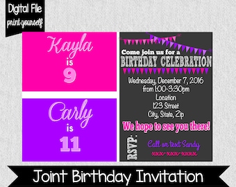 Pink & Purple Birthday Invitation - Sister Birthday Invitation - Split Birthday Invite - Twin Birthday - Double Party Invitation - Girls