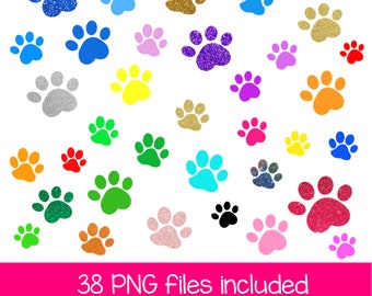 May include: A collection of 38 colorful paw print graphics with glitter accents. The paw prints are in various colors, including blue, green, red, orange, yellow, purple, pink, and gold. The text "38 PNG files included" and "LaineyBugsDesigns" is at the bottom of the image.