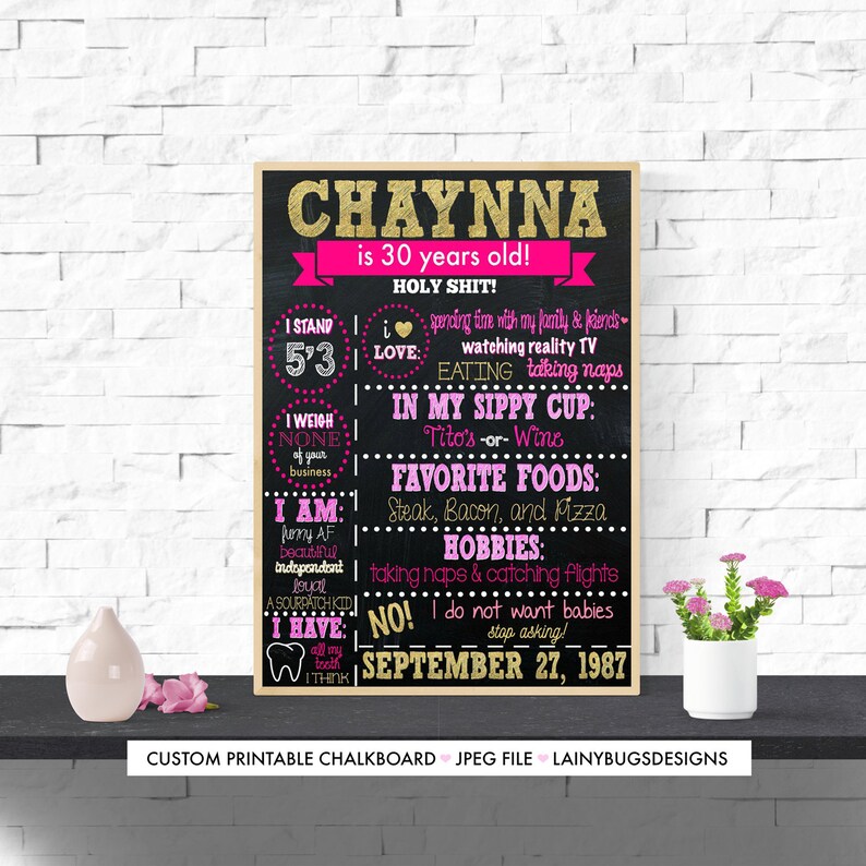 Pink and Gold 30th Birthday Chalkboard Pink and Gold Adult Birthday 30th Birthday Chalkboard 30 AF Adult cake smash Any Age image 1