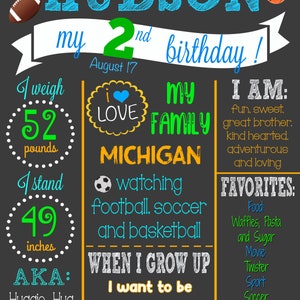 May include: A chalkboard-style birthday sign with the name "HUDSON" in blue. It includes the text "my 2nd birthday!" and details about the child, including weight (52 pounds) and height (49 inches). The sign also lists favorite things.