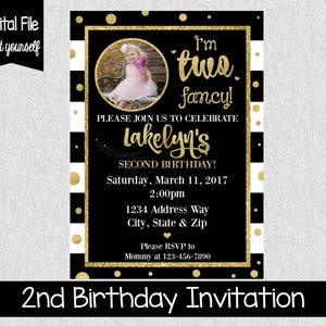 I'm Two Fancy Birthday Invitation Second Birthday Invite Girl's Second Birthday Invite Black & Gold Glitter Two Fancy Girly image 1