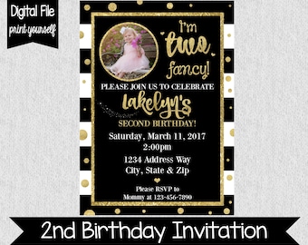 I'm Two Fancy Birthday Invitation - Second Birthday Invite - Girl's Second Birthday Invite - Black & Gold Glitter - Two Fancy - Girly