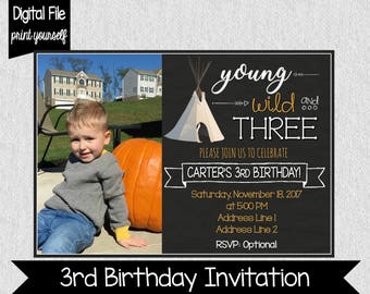 Custom Third Birthday Invitation - Young, Wild, and Three Invitation - Boy's Third Birthday Invitation - Personalized 3rd Birthday Invite