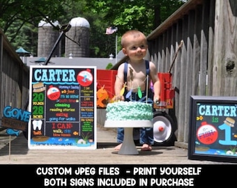 O-Fish-Ally One Birthday Chalkboard -Print Yourself Boy's First Birthday Chalkboard - Fishing Birthday Chalkboard - Fishing - Ofishally One