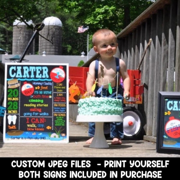 O-Fish-Ally One Birthday Chalkboard -Print Yourself Boy's First Birthday Chalkboard - Fishing Birthday Chalkboard - Fishing - Ofishally One