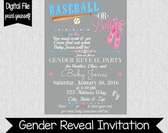 Gender Reveal Party Invitation - Baseball or Ballet - He or She - What will baby be? - Digital Item - Invitation - Gender Reveal Party