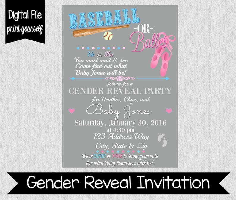 Gender Reveal Party Invitation Baseball or Ballet He or She What will baby be Digital Item Invitation Gender Reveal Party image 1