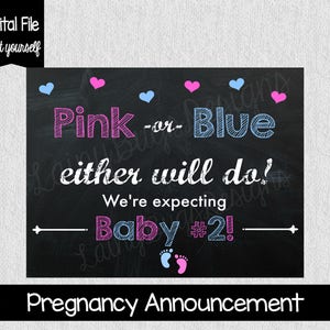 Pregnancy Announcement Sign Pink or Blue Baby 2 Second Baby Announce Second Baby Pregnancy Announcement Sign Digital File image 1