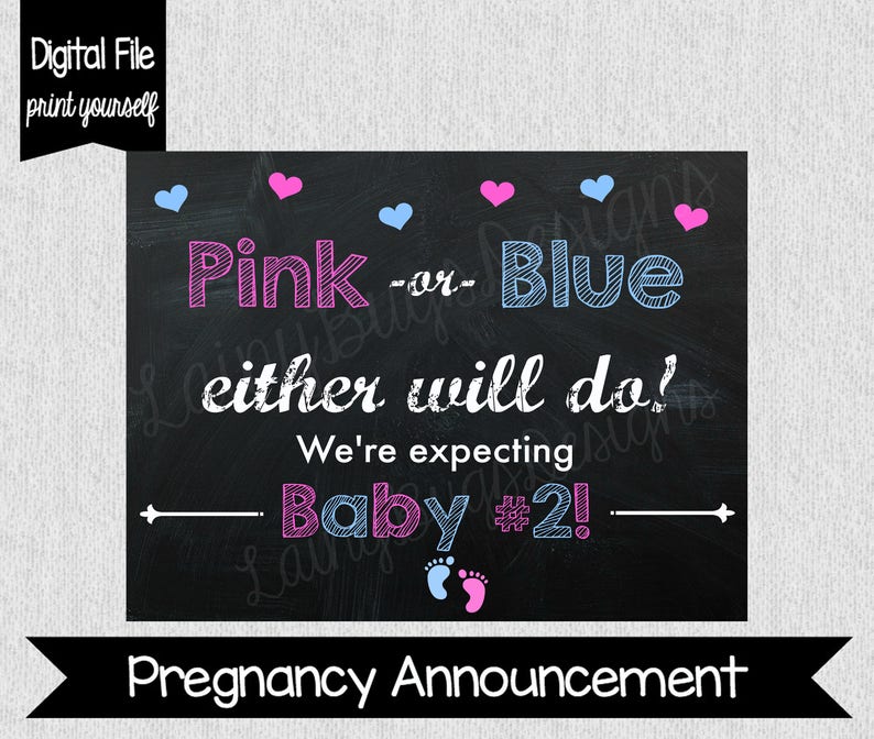 Pregnancy Announcement Sign Pink or Blue Baby 2 Second Baby Announce Second Baby Pregnancy Announcement Sign Digital File image 1