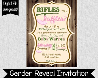 Rifles or Ruffles Gender Reveal Invitation - Rustic Gender Reveal - Rustin Baby Invitations - Ruffles or Rifles - Army Green and Pink Gender