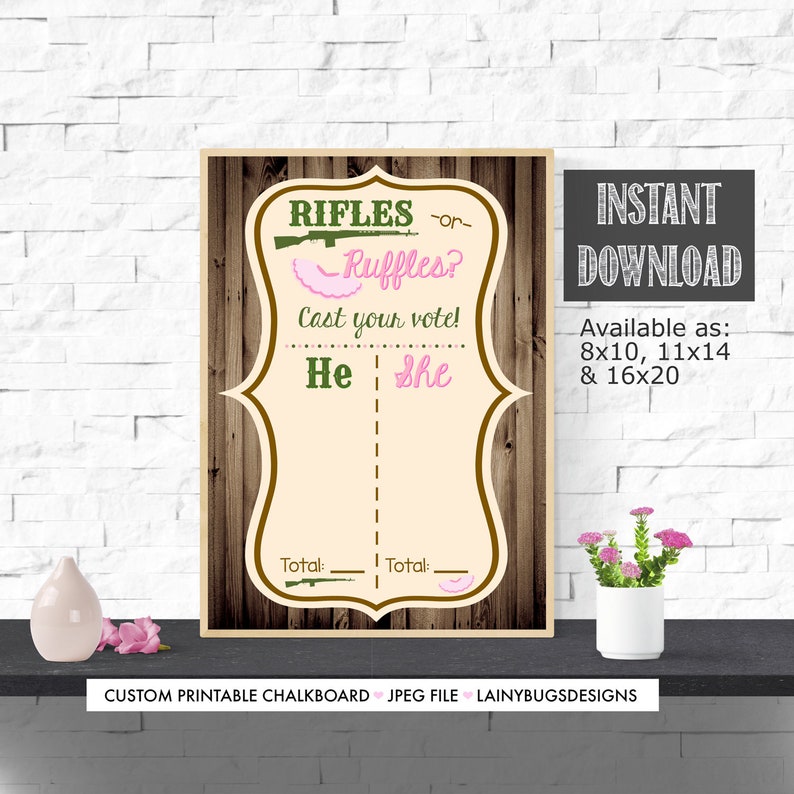 Rifles or Ruffles Gender Reveal Voting Chart Gender Reveal Voting Chart Rustic Reveal Party Gender Reveal Party Green Pink Reveal zdjęcie 1