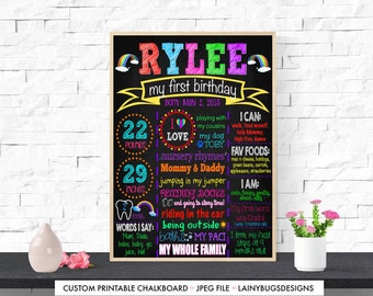 Rainbow First Birthday Chalkboard - Digital - Girls First Birthday Chalkboard - 1st Birthday Chalkboard - Colorful - Rainbows - Rainbow