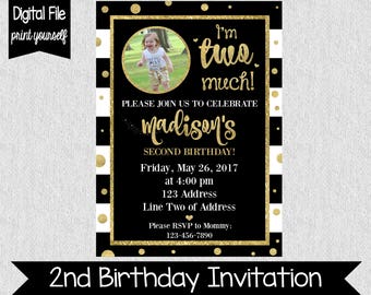 Two Much Birthday Invitation - Black and Gold Glitter (Digital File)