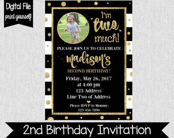 I'm Two Much Birthday Invitation - Second Birthday Invite - Girl's Second Birthday Invite - Black & Gold Glitter - Two Much - Girly