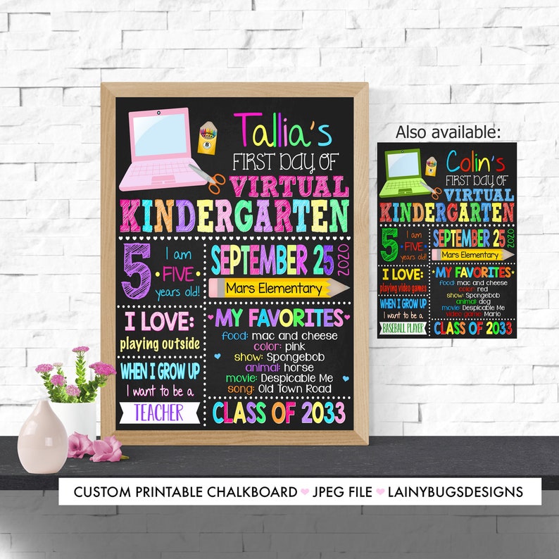 Any Grade Print Yourself First Day of Virtual Learning Sign Distance First Day of School Chalkboard Virtual Kindergarten Sign