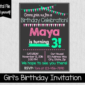 Girls Birthday Invitation Pink and Green Birthday Invites image 1