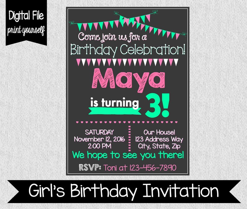 Girls Birthday Invitation Pink and Green Birthday Invites image 1