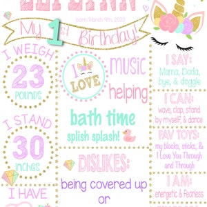 Unicorn First Birthday Sign - One Year Old Girl Birthday Poster ...