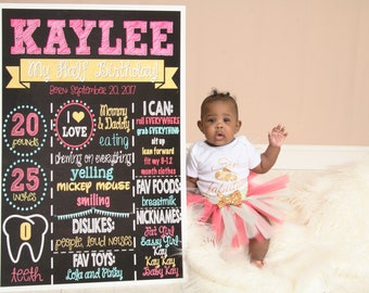 Half Birthday Chalkboard - 6 Month Chalkboard - Digital - Girls Half Birthday - Half Birthday Sign - Pink, Gold, Blue - 6 Month Sign