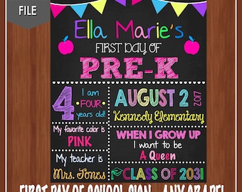 First Day of School Sign - First Day of Pre-K - Any Grade - Girl&#39;s First Day of School Sign - First Day of School Chalkboard - School