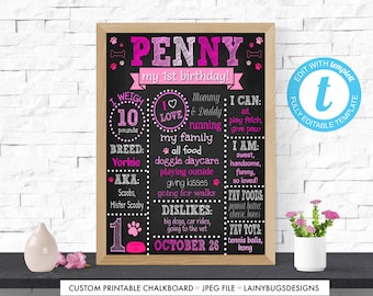 Dog's First Birthday Chalkboard - Pink Dog Chalkboard - Edit Yourself - Templett - One Year Old Dog Sign - Dog 1st Birthday Pink - Puppy