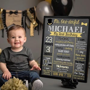Mr. One-derful First Birthday Chalkboard - Mr. Onederful Chalkboard - Digital - Boys First Birthday Chalkboard - Black - Gold - Decorations