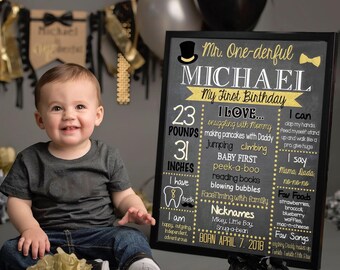 Mr. One-derful First Birthday Chalkboard - Mr. Onederful Chalkboard - Digital - Boys First Birthday Chalkboard - Black - Gold - Decorations