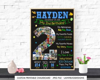 Boys 2nd Birthday Photo Collage Sign - Printable 2nd Birthday Chalkboard - Construction Themed - Baby's 2nd Birthday Ideas - Blue Green