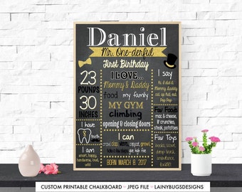 Mr. Onederful Birthday Chalkboard - Mr. One-Derful Chalkboard - Boy First Birthday Chalkboard - Black and Gold Chalkboard - Top Hat Bow Tie