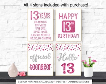 Letreros imprimibles para el 13.º cumpleaños - Decoración divertida para la fiesta de 13.º cumpleaños - Regalo para niño o niña - Fácil de imprimir - Letreros para fiestas de última hora