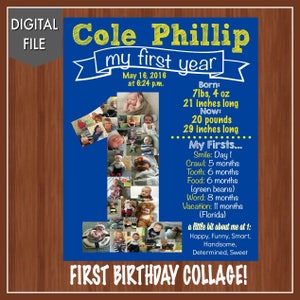 Baby's First Year Collage First Birthday Photo Collage First Birthday Poster Blue & Yellow First BIrthday One Year Old Collage image 3