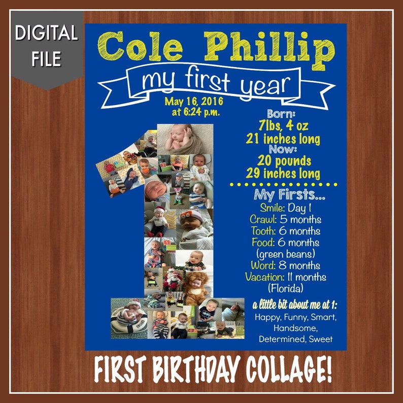 Baby's First Year Collage First Birthday Photo Collage First Birthday Poster Blue & Yellow First BIrthday One Year Old Collage image 3