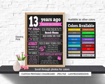 13th Birthday Chalkboard Sign - Printable 13th Birthday Gift - 13 Years Ago - Birthday Girl - Personalized - The Year 2011 - Teenager Gift