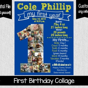Baby's First Year Collage First Birthday Photo Collage First Birthday Poster Blue & Yellow First BIrthday One Year Old Collage image 1