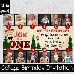 Lumberjack First Birthday Invitation Lumberjack Woods Monthly Photos Lumberjack Invitation with Photos Collage Flannel Forest image 1