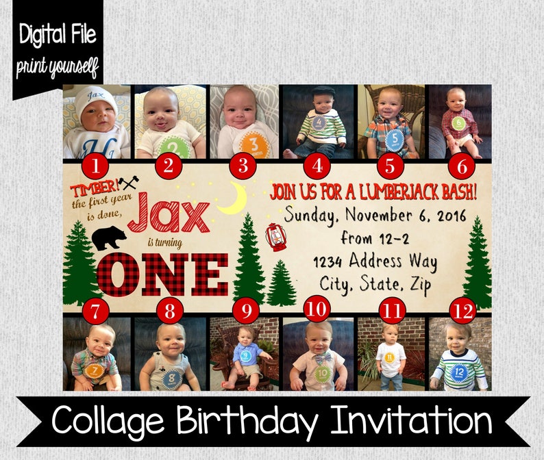 Lumberjack First Birthday Invitation Lumberjack Woods Monthly Photos Lumberjack Invitation with Photos Collage Flannel Forest image 1