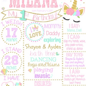 Unicorn First Birthday Sign - One Year Old Girl Birthday Poster ...