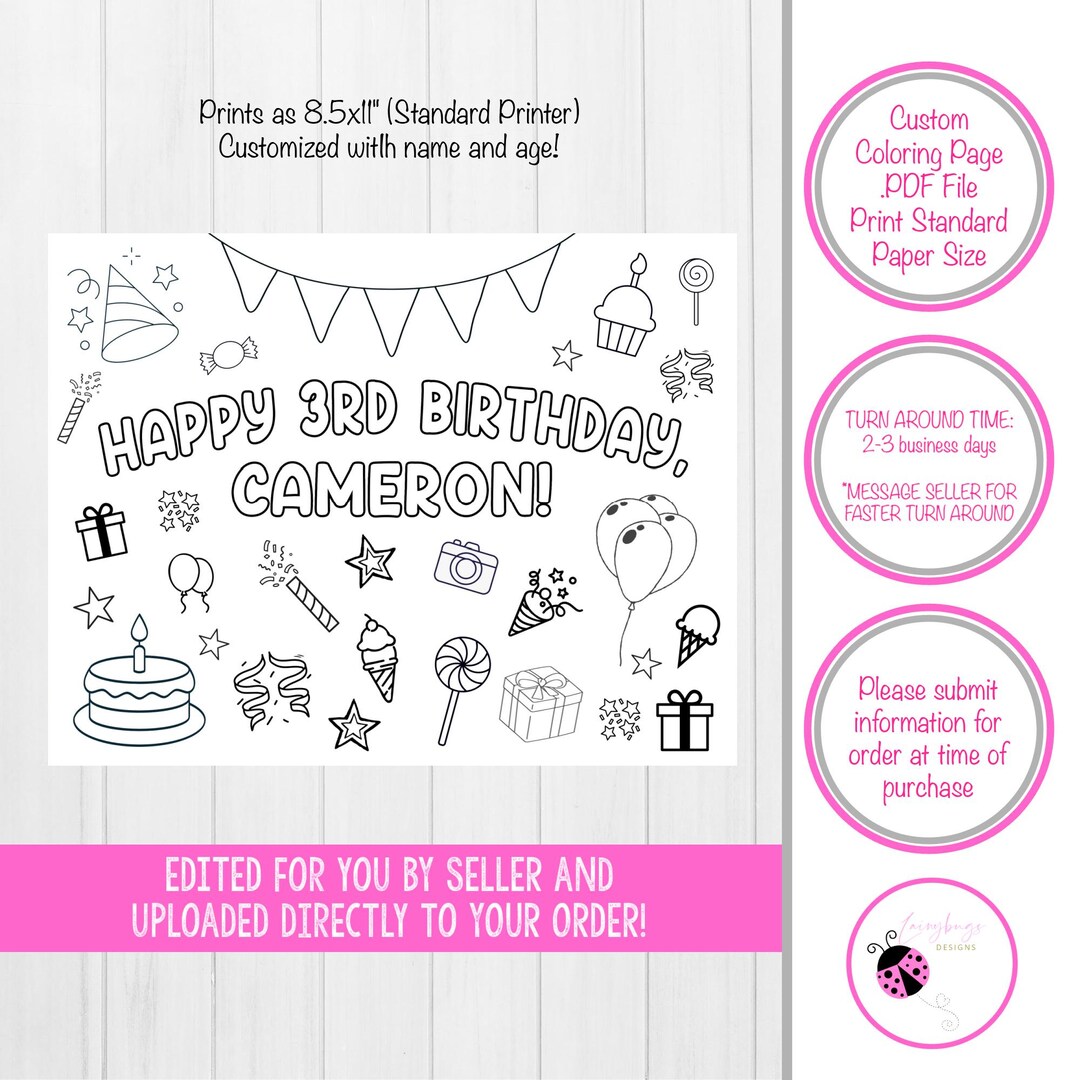 Personalized Birthday Coloring Page Printable Party Placemat Birthday ...