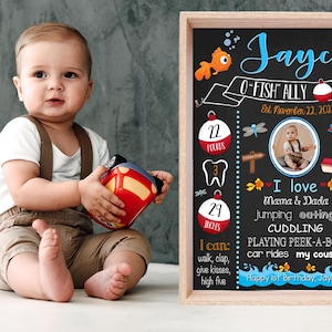 O-Fish-Ally One Birthday Chalkboard Fishing First Birthday Sign With Photo Blue Orange Boys 1st Birthday Party Decorations Photoshoot Props