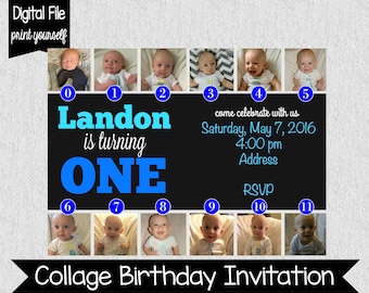 First Birthday Photo Collage Invitation - Blue First Birthday Monthly Photo Invitation - 1-12 Month Photos - Blue - First Birthday