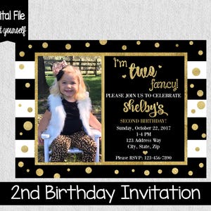 Two Fancy Birthday Invitation I'm Two Fancy Black and Gold Birthday Invitation 2nd Birthday Invitation Girls Second Birthday Invite image 1