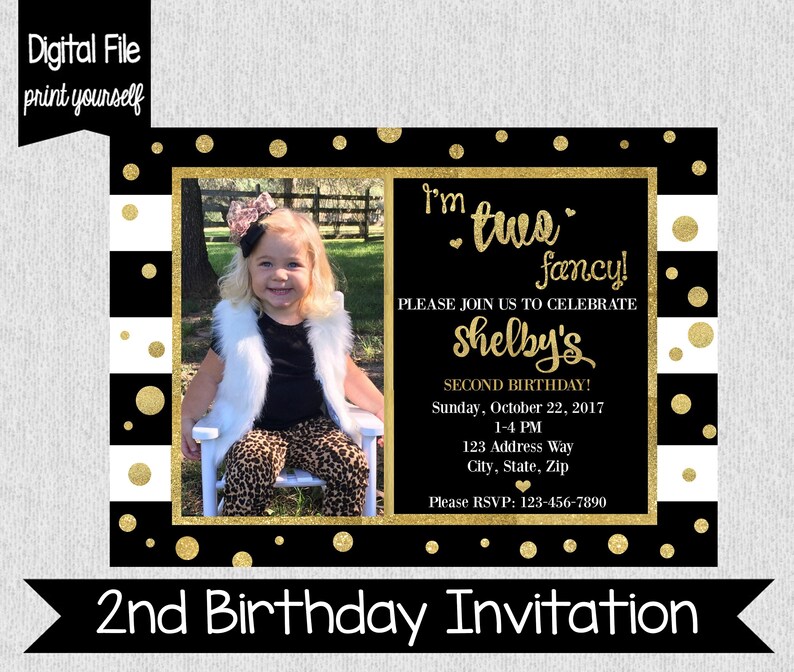 Two Fancy Birthday Invitation I'm Two Fancy Black and Gold Birthday Invitation 2nd Birthday Invitation Girls Second Birthday Invite image 1