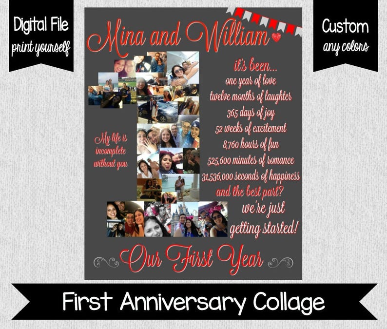 One Year Anniversary Photo Collage Printable Number One Collage Personalized Anniversary Gift for Husband or Wife Dating Anniversary image 2