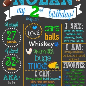 May include: A chalkboard-style birthday sign for a two-year-old named Nolan. The sign includes the text "Nolan my 2nd birthday!" with details about his weight, height (32.5 inches), and favorite things. The sign is decorated with a football and baseball.