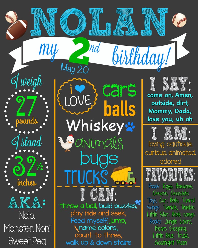 May include: A chalkboard-style birthday sign for a two-year-old named Nolan. The sign includes the text "Nolan my 2nd birthday!" with details about his weight, height (32.5 inches), and favorite things. The sign is decorated with a football and baseball.