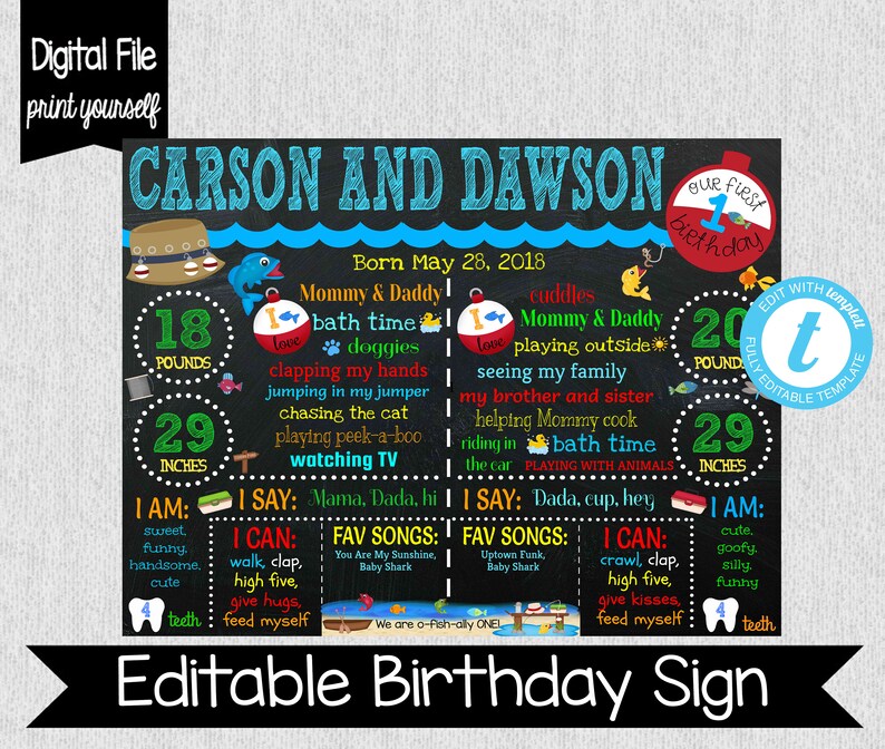 Edit Yourself Birthday Chalkboard O-Fish-Ally One Twins Birthday Chalkboard Twins Fishing Chalkboard Twin Boy 1st Birthday Fisherman