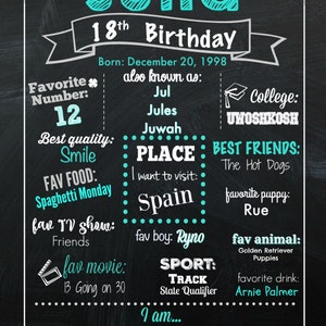 Girl's 18th Birthday Chalkboard Sign Digital File Any Color Scheme Available Teenage Birthday Poster About Me Eighteen Sign image 5