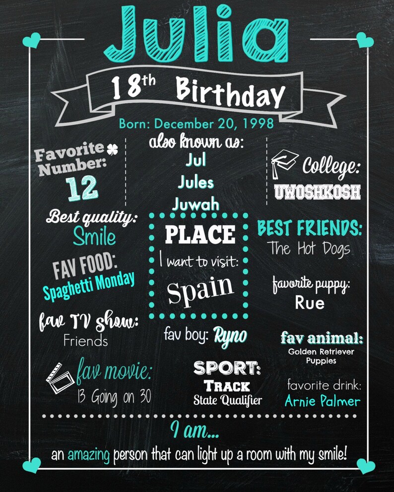 Girl's 18th Birthday Chalkboard Sign Digital File Any Color Scheme Available Teenage Birthday Poster About Me Eighteen Sign image 5