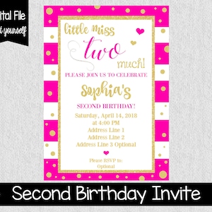 Little Miss Two Much Birthday Invitation - I&#39;m Two Much Birthday Invitation - Pink, Gold, White Birthday Invitation - 2nd Birthday Invite